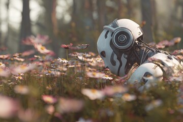 Futuristic robot in a field of flowers