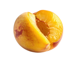 Close-up of a halved peach, vibrant yellow flesh, reddish blush