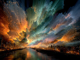 Abstract explosion over a city for a futuristic fantasy or a science fiction movie