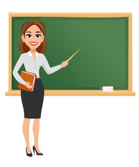 Female teacher are explaining lesson at blackboard in her classroom