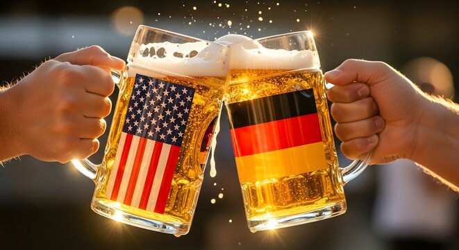 Two hands clinking beer mugs, one adorned with the US flag and the other with the German flag, symbolizing international friendship and celebration.
