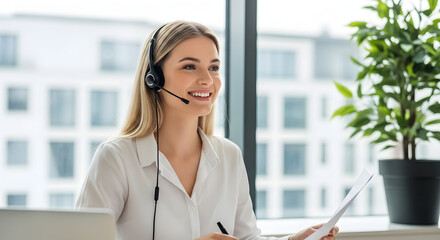 Happy customer service representative providing excellent support and assistance to clients, ensuring satisfaction and building strong relationships with every interaction.