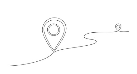 A continuous one-line drawing of a path with a large starting location pin and a smaller destination marker. © Alfarizi