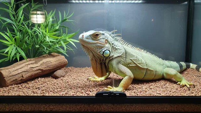 Iguana exploration in terrarium: reptile movement with natural habitat elements.
