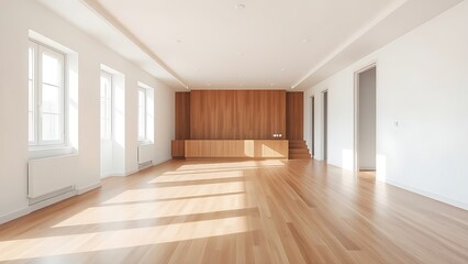 Minimalist living room with wooden floors, embodying clean and spacious design.