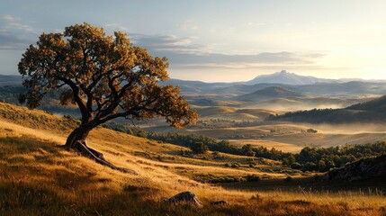 Golden meadow, lone tree, misty mountain range at sunrise
