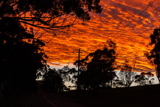 power utility service pow and lines silhouetted against bright sky of sunset clouds at dusk
