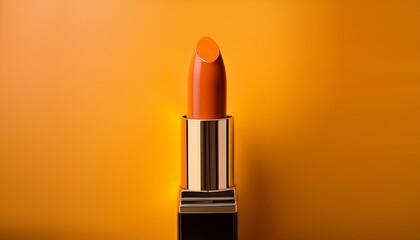 bold orange lipstick against a warm yellow background highlights its shine