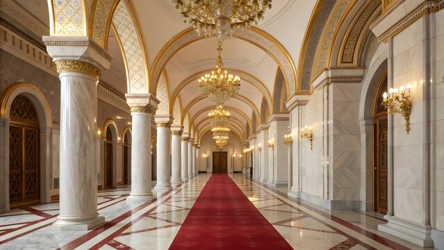 Grand ornate hallway with red carpet and golden chandeliers evokes royal opulence - Powered by Adobe