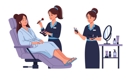 Two professional makeup artists applying cosmetics to a seated woman in a salon chair with beauty products and mirror on a trolley