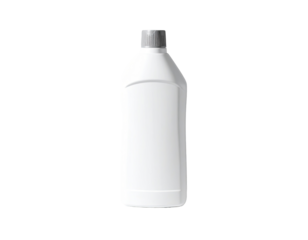 White plastic bottle with a light gray cap, standing upright, has a rectangular label area