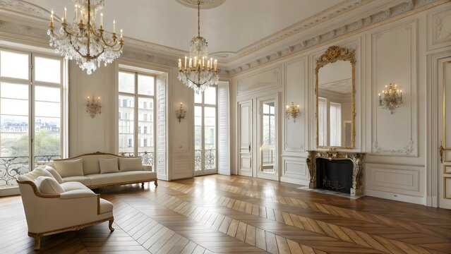 Elegant parisian salon featuring ornate chandeliers and classic french interior design elements