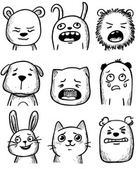 clean black and white only very simple coloring page for preschool kids animal themed emotion chart 9 animals each animal showing different emotion happy sad