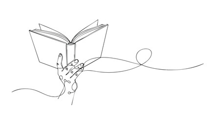 Continuous line drawing of a hand holding an open book.