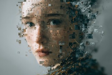 A pixelated portrait of a young woman