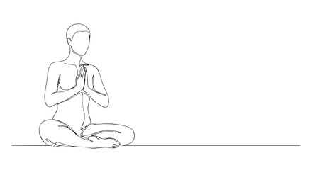 A minimalist line drawing of a person meditating in a lotus position with hands pressed together in front of their chest.