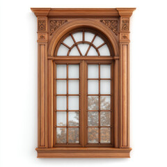 Fototapeta premium Elegant wooden window with intricate carvings and arched glass