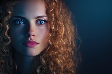 Close-up portrait of a woman with vibrant blue eyes