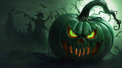 Haunted green pumpkin with glowing eyes