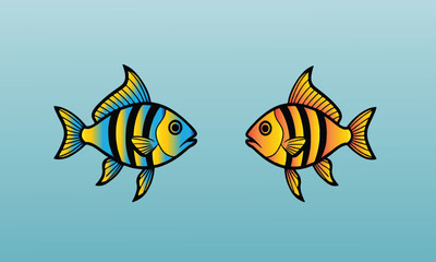 Naklejka premium Cartoon set of cute sea fish isolated on dark background. Vector illustration of ocean or marine underwater animal characters with funny big eyes and smiles. Colorful tropical coral reef inhabitants