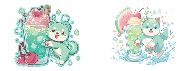 A cheerful shiba inu character holds a green drink topped with whipped cream and a cherry. Another shiba inu splashes joyfully in water next to a refreshing watermelon treat, capturing summer fun.