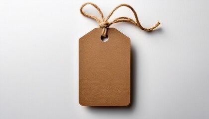 blank brown paper tag with twine loop on white background for labeling pricing or crafting projects