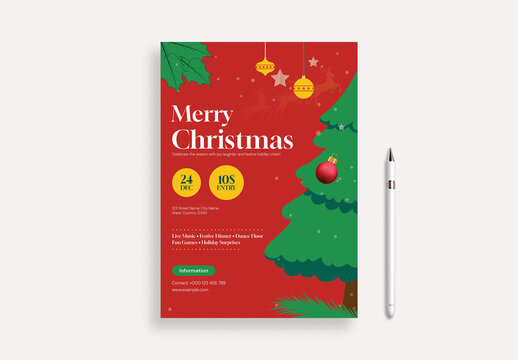 Christmas Party Flyer Template with Reindeer and Pine Tree