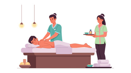 Relaxing spa treatment with a skilled therapist giving a therapeutic massage to a client lying on a massage table with a second therapist holding treatment supplies