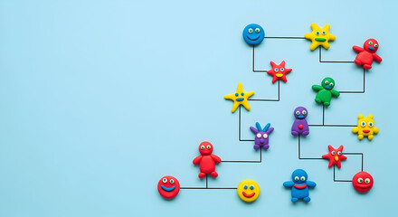 Naklejka premium Colorful clay characters connected by lines forming a vibrant network illustrating teamwork and collaboration for business success.