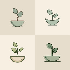 Four unique illustrations of plants in minimalist pots showcase different styles and variations. Ideal for home decor and design inspiration in modern spaces.