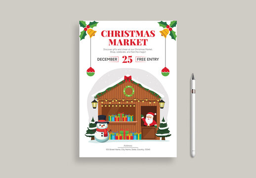 Christmas Holiday Market Sale Flyer with Santa Claus and Snowman
