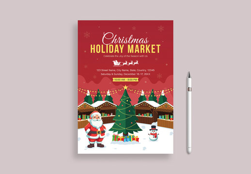 Christmas Holiday Market Flyer Template with Santa Claus and Snowman Illustration