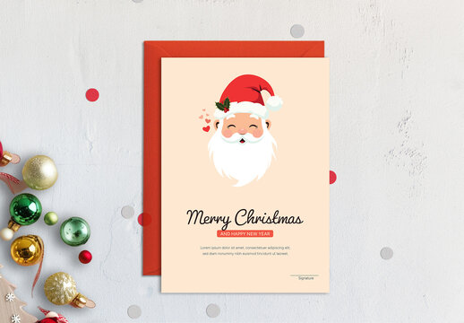 Merry Christmas and New Year Holiday Wishes Greeting Card with Santa