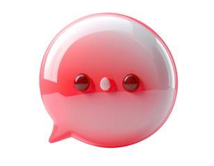 3D rendered, glossy, red-pink speech bubble emoticon with sad, kawaii eyes