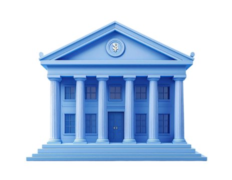 Light-blue classical bank building, front view - Powered by Adobe