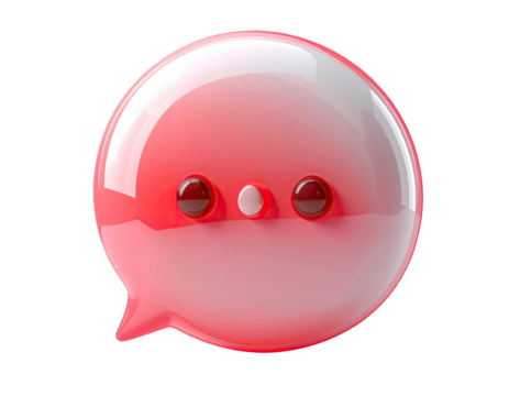3D rendered, glossy, red-pink speech bubble emoticon with sad, kawaii eyes