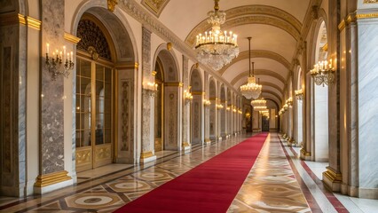Grand ornate hallway with red carpet and ornate chandeliers illuminated by sconces