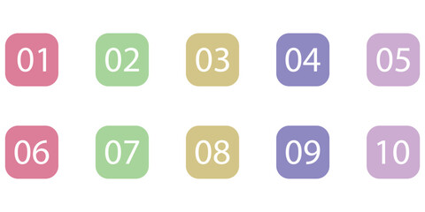 Different colour counting isolated vector icon set. Isolated graphic map pin icon set. Wayfinding point icon set on white page. Infographic keypad play button set. Template vector icon set. EPS 10. 