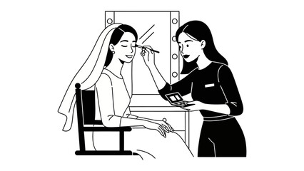 Young woman applying makeup to another woman wearing a headscarf in front of a mirror black and white illustration