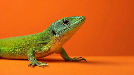 Obraz premium Vibrant green lizard with detailed scales poised on bright orange surface, close-up.