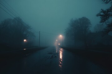 Atmospheric night road with glowing lights, foggy background, trees, and reflective pavement in eerie quiet environment.