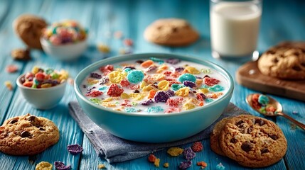 Light blue bowl filled with colorful fruity cereal and milk resting on a vibrant blue wooden table alongside chocolate chip cookies and small bowls of dry cereal