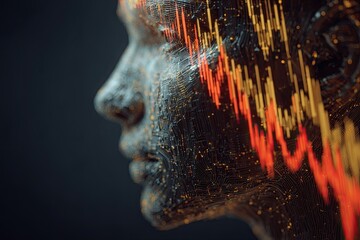 Profile view of a digital female head with a data overlay