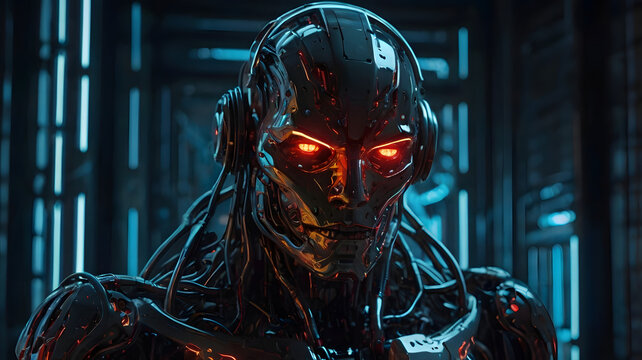 Sinister metallic humanoid robot with glowing red eyes gazes forward in a futuristic, neon-lit environment, symbolizing advanced malevolent AI