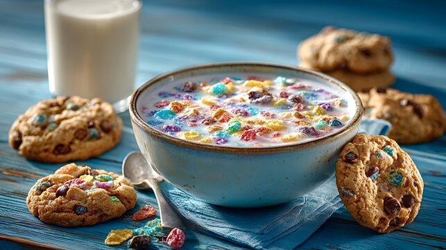 Bowl of fruity pebbles cereal swimming in milk rests on a blue wooden table, accompanied by a glass of milk and colorful chocolate chip cookies for a playful breakfast scene