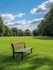 Empty park bench on lush green grass with trees and blue sky in summer landscape outdoor relaxation concept.