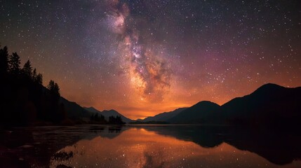 Stunning Milky Way galaxy reflected in calm lake waters at night, surrounded by silhouette mountains and trees.