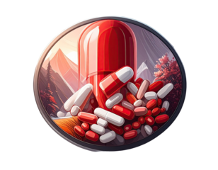 Red pill surrounded by assorted pills in a circular design, mountain scenery in background