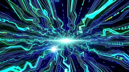 Abstract teal and purple digital vortex with glowing circuit-like lines and flowing energy, futuristic technology background AI-generated video - Powered by Adobe