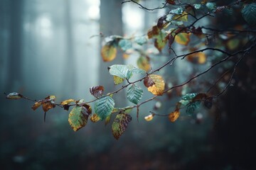 Autumn leaves in a misty forest